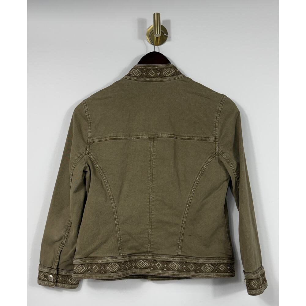WHBM embroidered button front jacket Sz 4 olive green Smoky Topaz military vibe - Picture 9 of 13
